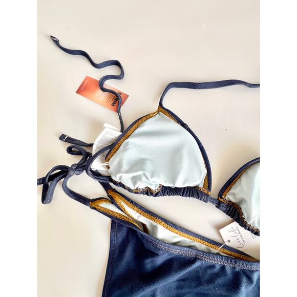 NWT Cupshe X JoJo Escaping Denim Effect Bikini Top & Side Tie Bottoms Set Blue S - Picture 9 of 9
